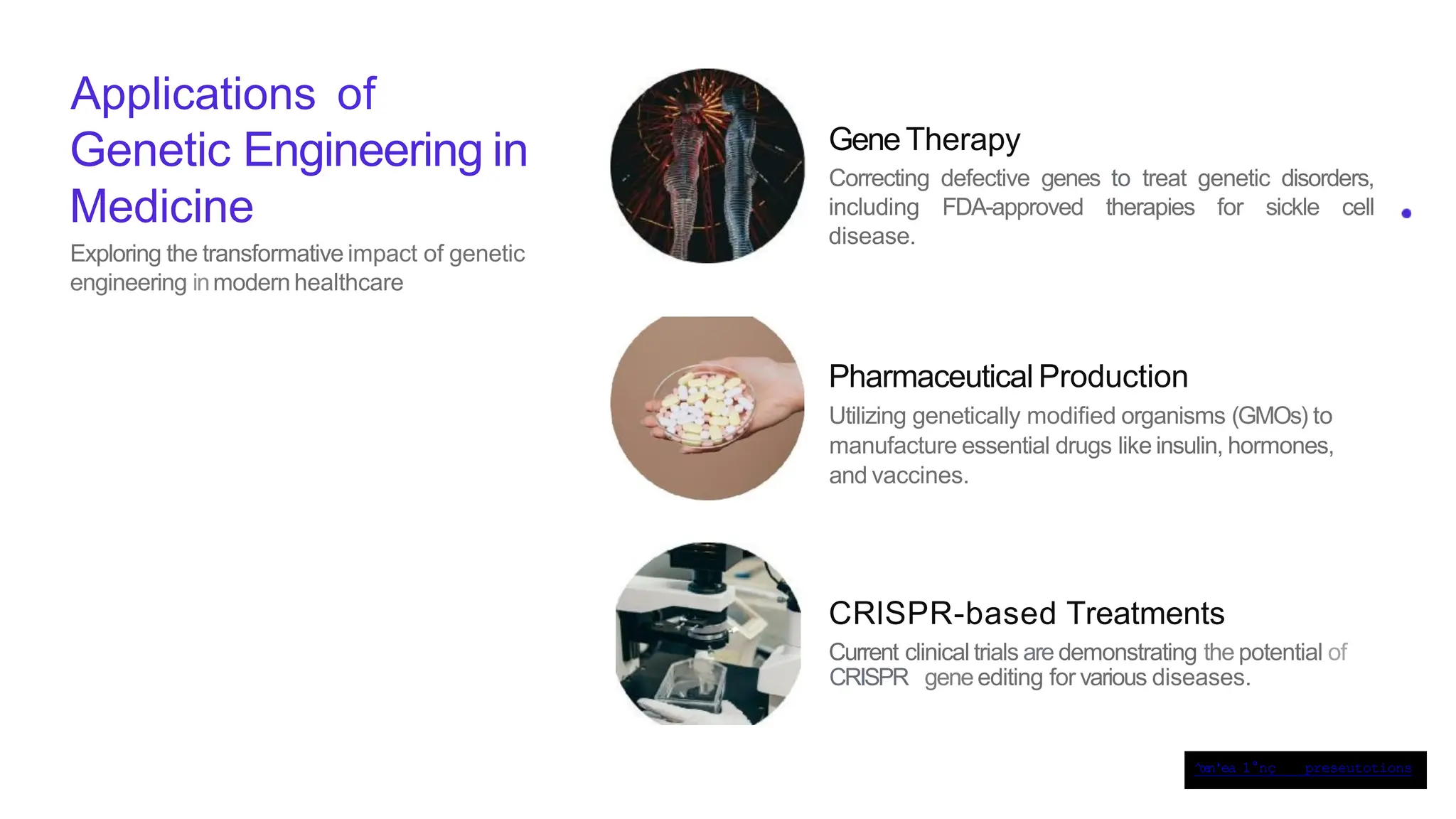 ^œn'ea 1°nç preseutotions
Applications of
Genetic Engineering in
Medicine
Exploring the transformative impact of genetic
engineering inmodern healthcare
GeneTherapy
Correcting defective genes to treat genetic disorders,
including FDA-approved therapies for sickle cell
disease.
Pharmaceutical Production
Utilizing genetically modified organisms (GMOs) to
manufacture essential drugs like insulin, hormones,
and vaccines.
CRlSPR-based Treatments
Current clinical trials are demonstrating the potential of
CRISPR geneediting for various diseases.
 