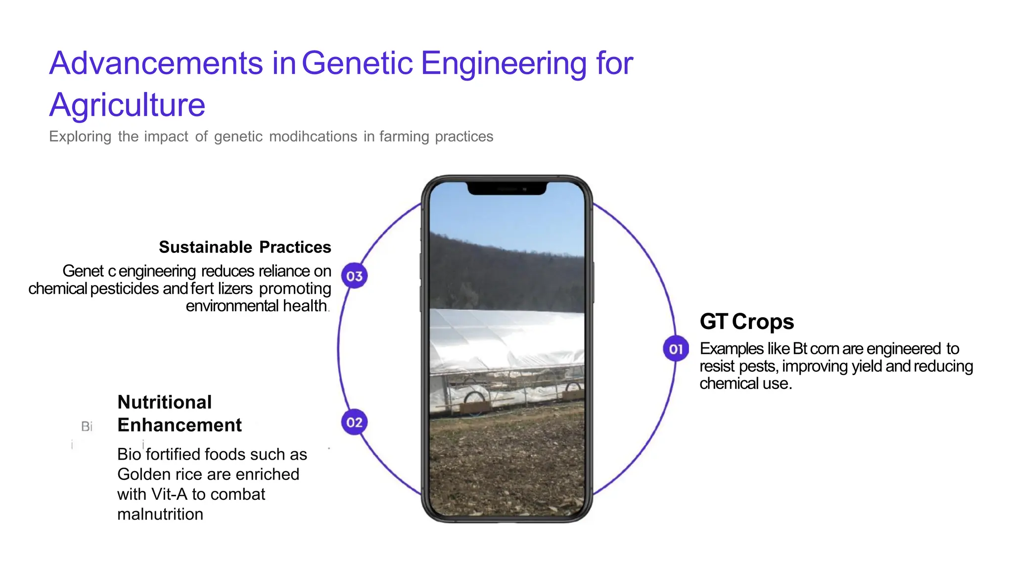 Advancements inGenetic Engineering for
Agriculture
Exploring the impact of genetic modihcations in farming practices
Sustainable Practices
Genet cengineering reduces reliance on
chemicalpesticides andfert lizers promoting
environmental health
Nutritional
Enhancement
Bio fortified foods such as
Golden rice are enriched
with Vit-A to combat
malnutrition
GTCrops
Examples likeBtcornareengineered to
resist pests,improving yield andreducing
chemical use.
 