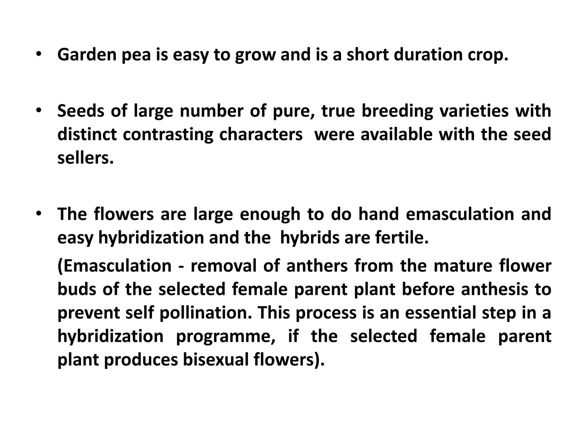 • Garden pea is easy to grow and is a short duration crop.
• Seeds of large number of pure, true breeding varieties with
distinct contrasting characters were available with the seed
sellers.
• The flowers are large enough to do hand emasculation and
easy hybridization and the hybrids are fertile.
(Emasculation - removal of anthers from the mature flower
buds of the selected female parent plant before anthesis to
prevent self pollination. This process is an essential step in a
hybridization programme, if the selected female parent
plant produces bisexual flowers).
 