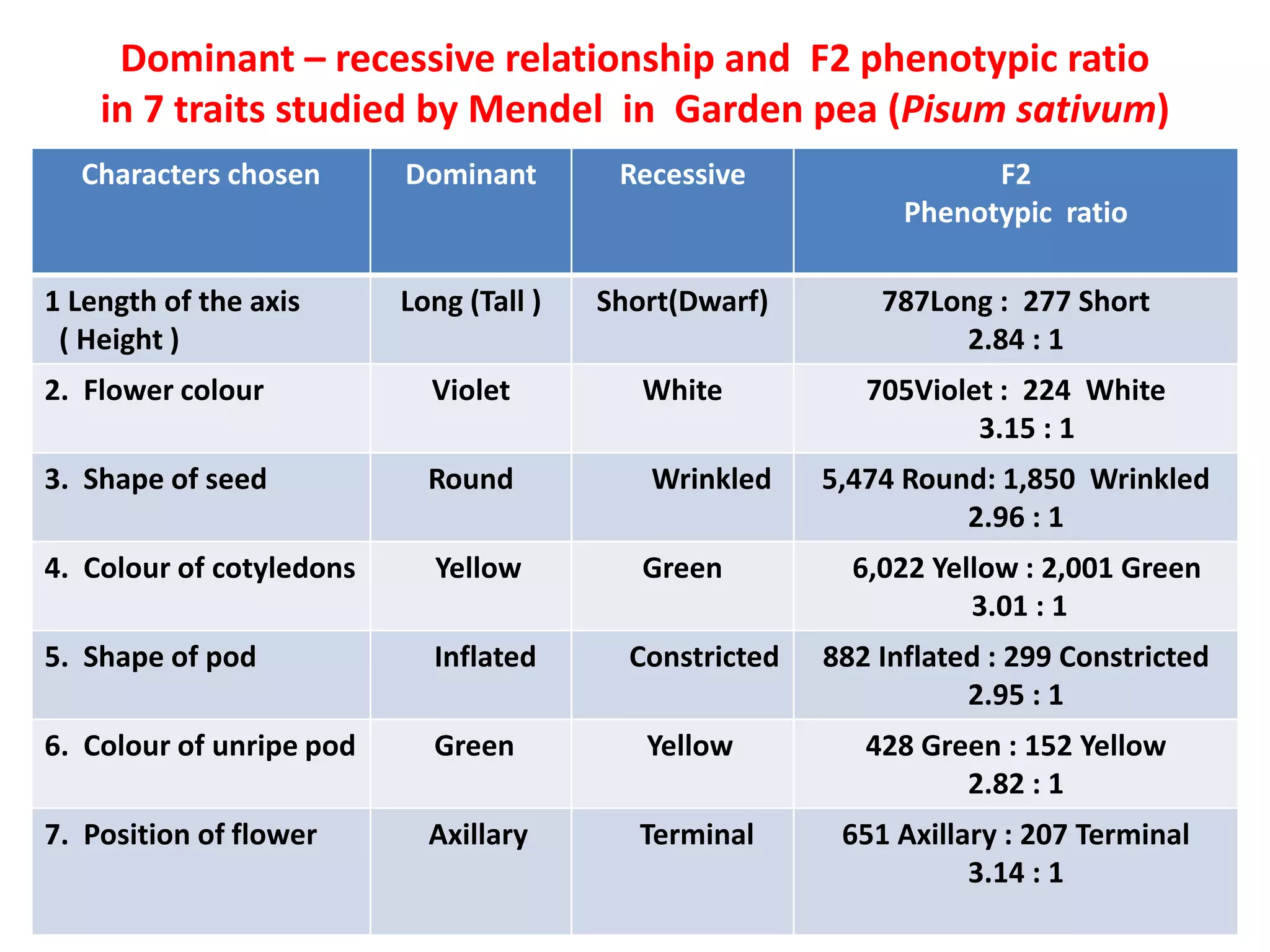 Dominant – recessive relationship and F2 phenotypic ratio
in 7 traits studied by Mendel in Garden pea (Pisum sativum)
Characters chosen Dominant Recessive F2
Phenotypic ratio
1 Length of the axis
( Height )
Long (Tall ) Short(Dwarf) 787Long : 277 Short
2.84 : 1
2. Flower colour Violet White 705Violet : 224 White
3.15 : 1
3. Shape of seed Round Wrinkled 5,474 Round: 1,850 Wrinkled
2.96 : 1
4. Colour of cotyledons Yellow Green 6,022 Yellow : 2,001 Green
3.01 : 1
5. Shape of pod Inflated Constricted 882 Inflated : 299 Constricted
2.95 : 1
6. Colour of unripe pod Green Yellow 428 Green : 152 Yellow
2.82 : 1
7. Position of flower Axillary Terminal 651 Axillary : 207 Terminal
3.14 : 1
 