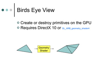 Birds Eye View Create or destroy primitives on the GPU Requires DirectX 10  OpenGL 3.2 or  GL_ARB_geometry_shader4 Geometry Shader 