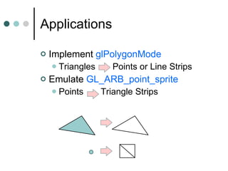 Applications – Wireframe How would you implement  glPolygonMode ? 