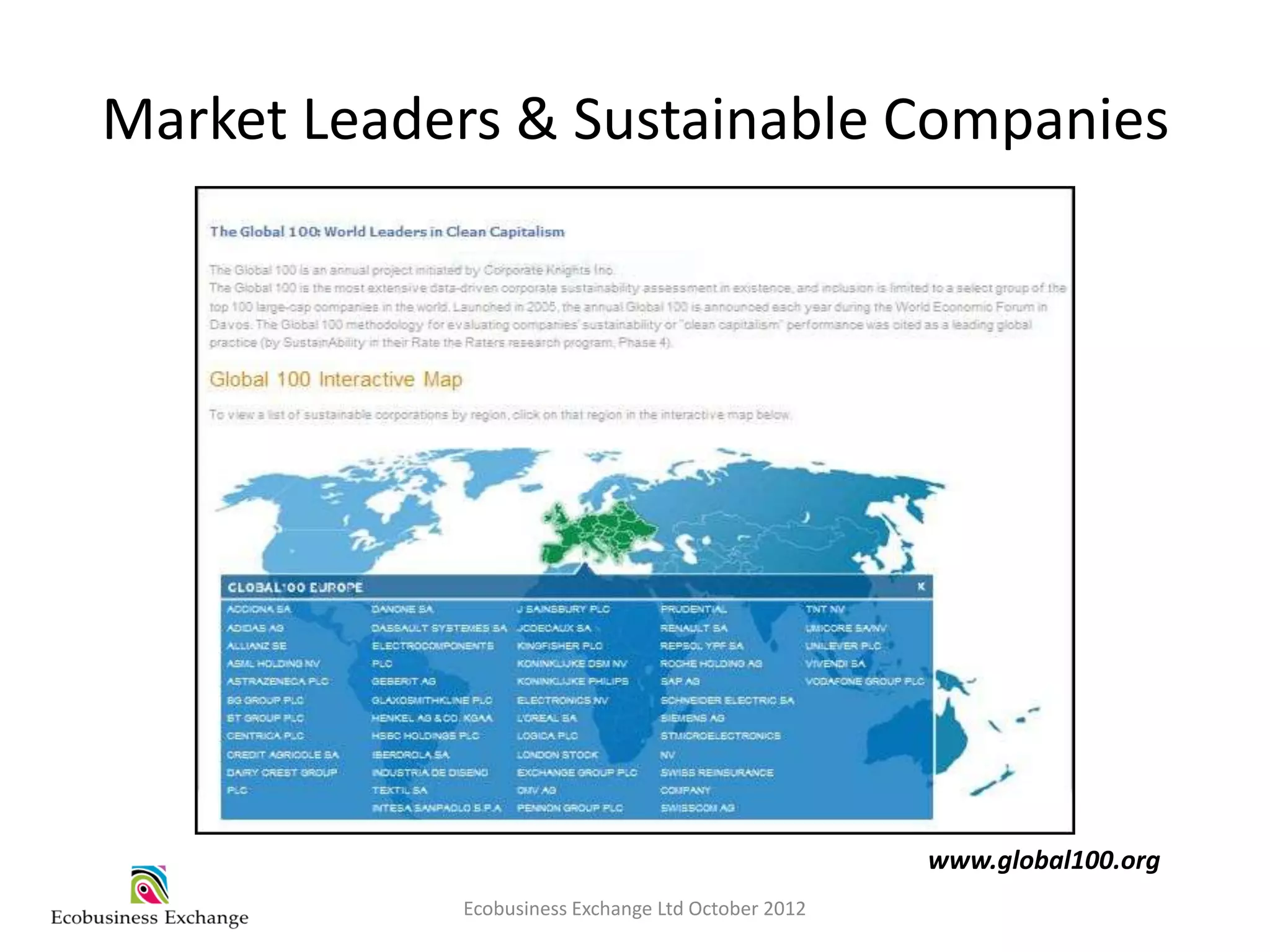 Market Leaders & Sustainable Companies




                                                    www.global100.org
            Ecobusiness Exchange Ltd October 2012
 