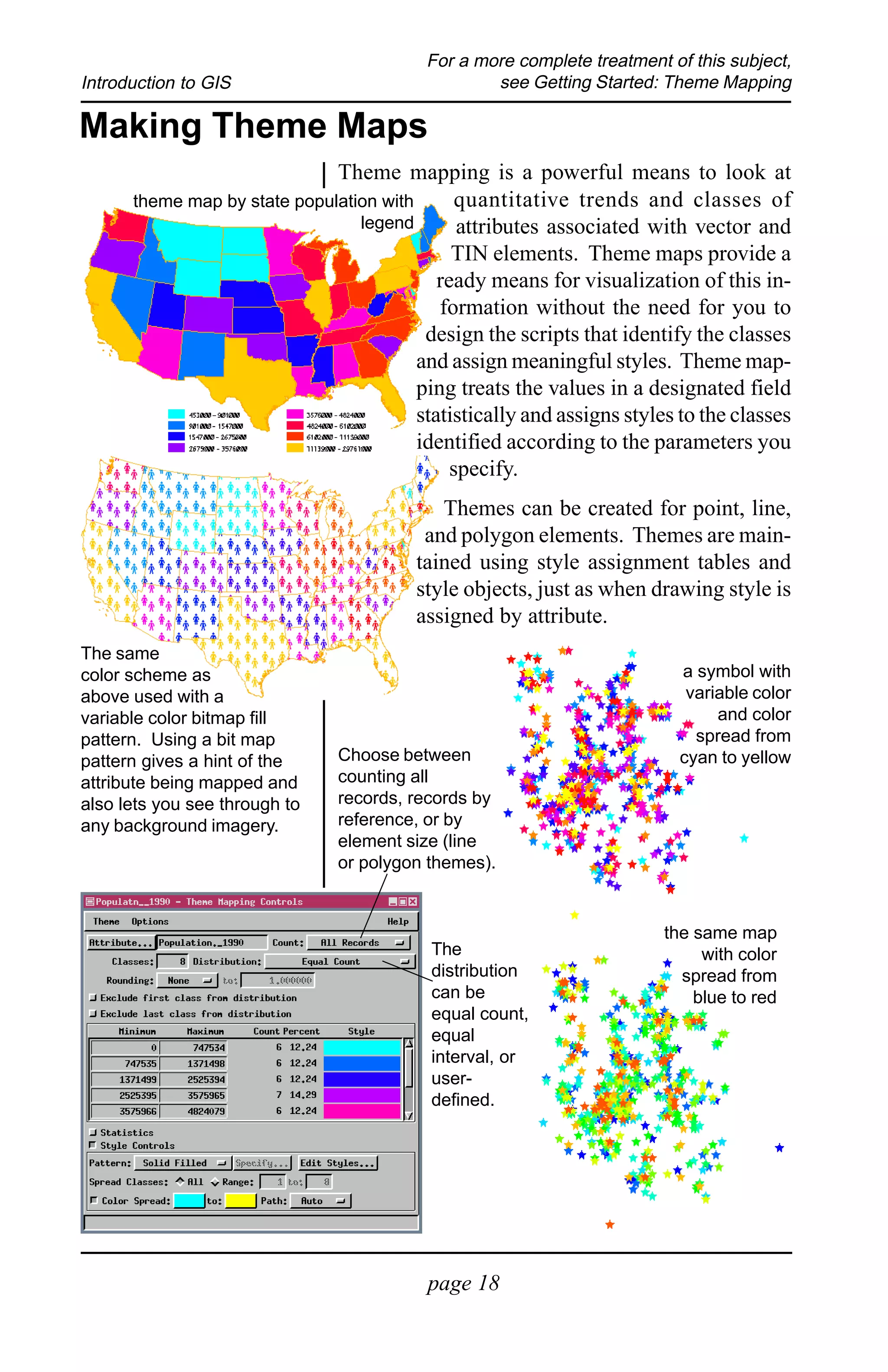 For a more complete treatment of this subject,
Introduction to GIS                               see Getting Started: Theme Mapping

Making Theme Maps
                              Theme mapping is a powerful means to look at
      theme map by state population with       quantitative trends and classes of
                                 legend        attributes associated with vector and
                                              TIN elements. Theme maps provide a
                                            ready means for visualization of this in-
                                            formation without the need for you to
                                          design the scripts that identify the classes
                                         and assign meaningful styles. Theme map-
                                         ping treats the values in a designated field
                                         statistically and assigns styles to the classes
                                         identified according to the parameters you
                                              specify.
                                            Themes can be created for point, line,
                                          and polygon elements. Themes are main-
                                         tained using style assignment tables and
                                         style objects, just as when drawing style is
                                         assigned by attribute.
The same
color scheme as                                                           a symbol with
above used with a                                                          variable color
variable color bitmap fill                                                     and color
pattern. Using a bit map                                                    spread from
pattern gives a hint of the    Choose between                             cyan to yellow
attribute being mapped and     counting all
also lets you see through to   records, records by
any background imagery.        reference, or by
                               element size (line
                               or polygon themes).


                                                                        the same map
                                           The                               with color
                                           distribution                   spread from
                                           can be                           blue to red
                                           equal count,
                                           equal
                                           interval, or
                                           user-
                                           defined.




                                          page 18
 