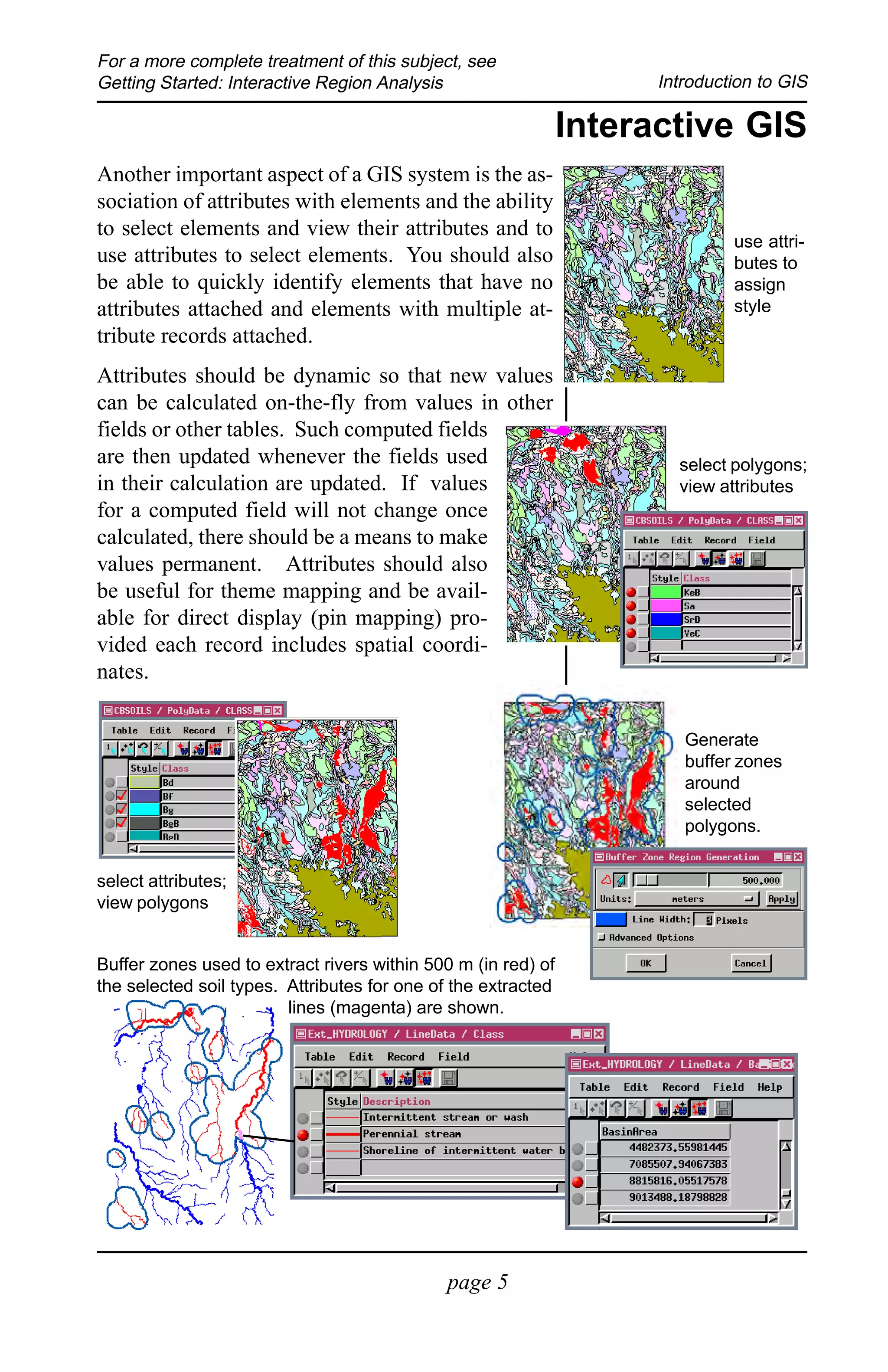 For a more complete treatment of this subject, see
Getting Started: Interactive Region Analysis                         Introduction to GIS

                                                               Interactive GIS
Another important aspect of a GIS system is the as-
sociation of attributes with elements and the ability
to select elements and view their attributes and to
                                                                              use attri-
use attributes to select elements. You should also                            butes to
be able to quickly identify elements that have no                             assign
attributes attached and elements with multiple at-                            style
tribute records attached.
Attributes should be dynamic so that new values
can be calculated on-the-fly from values in other
fields or other tables. Such computed fields
are then updated whenever the fields used                              select polygons;
in their calculation are updated. If values                            view attributes
for a computed field will not change once
calculated, there should be a means to make
values permanent. Attributes should also
be useful for theme mapping and be avail-
able for direct display (pin mapping) pro-
vided each record includes spatial coordi-
nates.


                                                                        Generate
                                                                        buffer zones
                                                                        around
                                                                        selected
                                                                        polygons.


select attributes;
view polygons


Buffer zones used to extract rivers within 500 m (in red) of
the selected soil types. Attributes for one of the extracted
                         lines (magenta) are shown.




                                             page 5
 