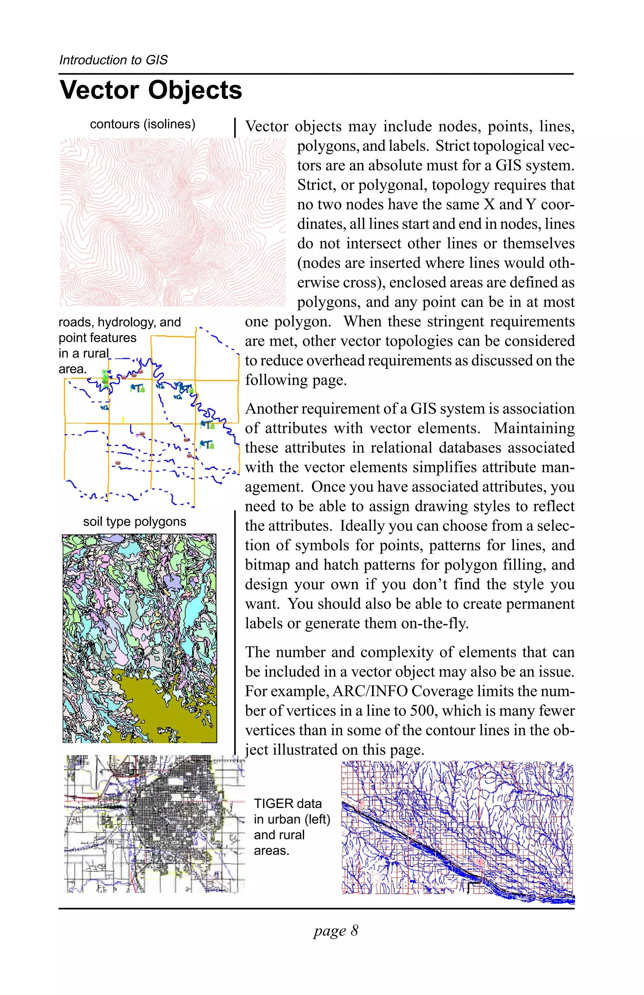 Introduction to GIS

Vector Objects
     contours (isolines)   Vector objects may include nodes, points, lines,
                                   polygons, and labels. Strict topological vec-
                                   tors are an absolute must for a GIS system.
                                   Strict, or polygonal, topology requires that
                                   no two nodes have the same X and Y coor-
                                   dinates, all lines start and end in nodes, lines
                                   do not intersect other lines or themselves
                                   (nodes are inserted where lines would oth-
                                   erwise cross), enclosed areas are defined as
                                   polygons, and any point can be in at most
roads, hydrology, and      one polygon. When these stringent requirements
point features             are met, other vector topologies can be considered
in a rural
area.
                           to reduce overhead requirements as discussed on the
                           following page.
                           Another requirement of a GIS system is association
                           of attributes with vector elements. Maintaining
                           these attributes in relational databases associated
                           with the vector elements simplifies attribute man-
                           agement. Once you have associated attributes, you
                           need to be able to assign drawing styles to reflect
    soil type polygons     the attributes. Ideally you can choose from a selec-
                           tion of symbols for points, patterns for lines, and
                           bitmap and hatch patterns for polygon filling, and
                           design your own if you don’t find the style you
                           want. You should also be able to create permanent
                           labels or generate them on-the-fly.
                           The number and complexity of elements that can
                           be included in a vector object may also be an issue.
                           For example, ARC/INFO Coverage limits the num-
                           ber of vertices in a line to 500, which is many fewer
                           vertices than in some of the contour lines in the ob-
                           ject illustrated on this page.


                            TIGER data
                            in urban (left)
                            and rural
                            areas.




                                       page 8
 