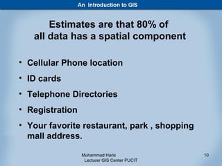 Estimates are that 80% of
   all data has a spatial component

• Cellular Phone location
• ID cards
• Telephone Directories
• Registration
• Your favorite restaurant, park , shopping
  mall address.

                 Muhammad Haris               10
                  Lecturer GIS Center PUCIT
 