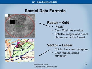 Spatial Data Formats

                   Raster -- Grid
                        • “Pixels”
                        • Each Pixel has a value
                        • Satellite images and aerial
                          photos are in this format

                   Vector -- Linear
                        • Points, lines, and polygons
                        • Each feature stores
                          attributes

    Muhammad Haris                                19
     Lecturer GIS Center PUCIT
 