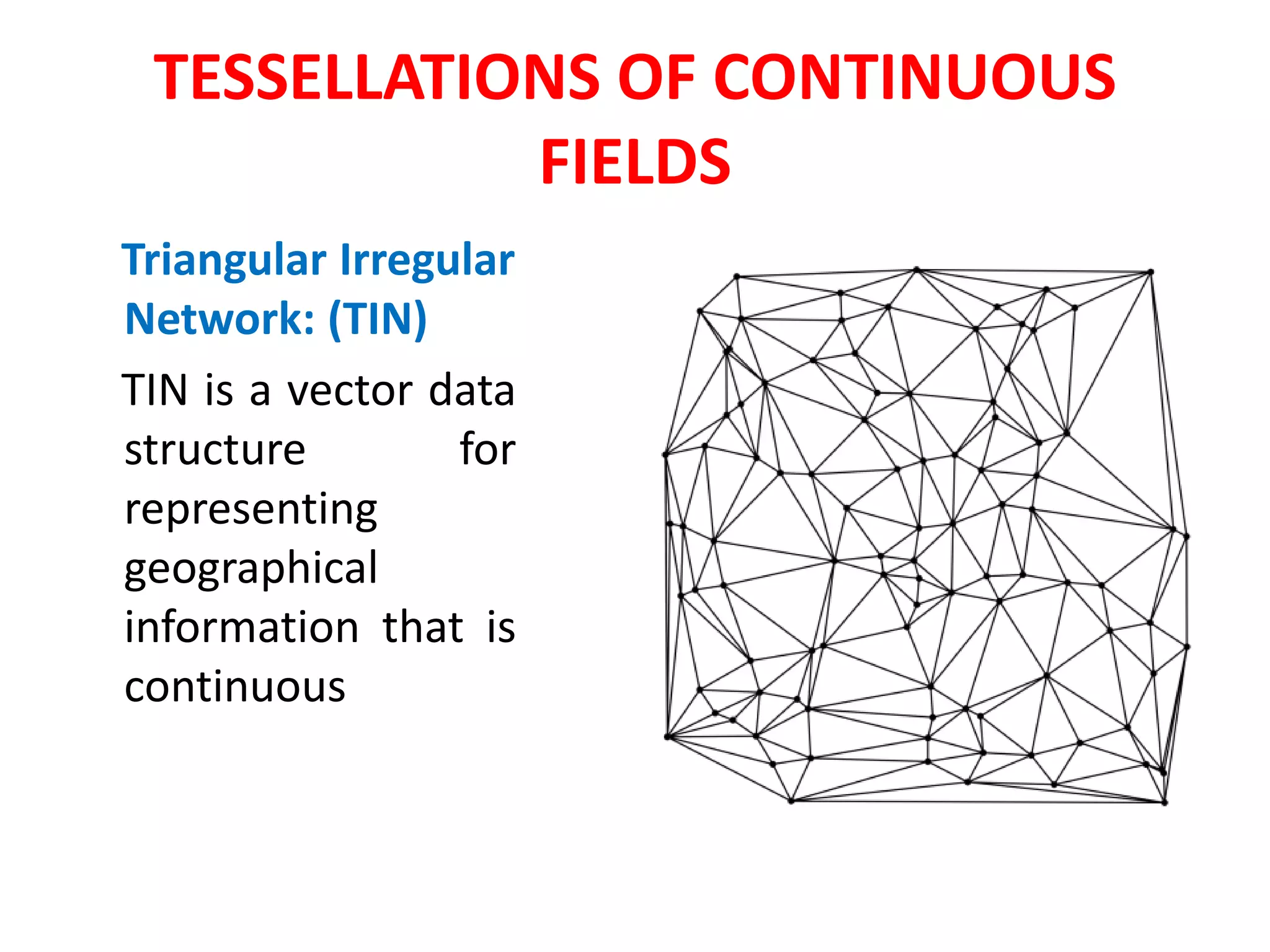 TESSELLATIONS OF CONTINUOUS
FIELDS
Triangular Irregular
Network: (TIN)
TIN is a vector data
structure for
representing
geographical
information that is
continuous
 