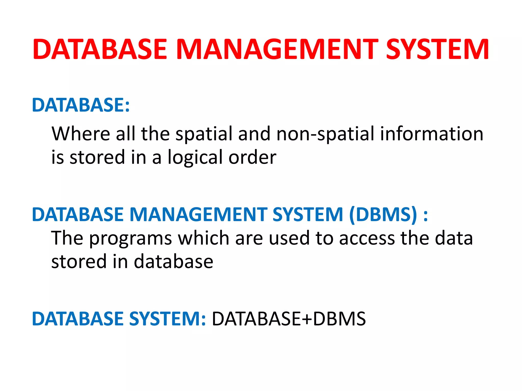 DATABASE MANAGEMENT SYSTEM
DATABASE:
Where all the spatial and non-spatial information
is stored in a logical order
DATABASE MANAGEMENT SYSTEM (DBMS) :
The programs which are used to access the data
stored in database
DATABASE SYSTEM: DATABASE+DBMS
 
