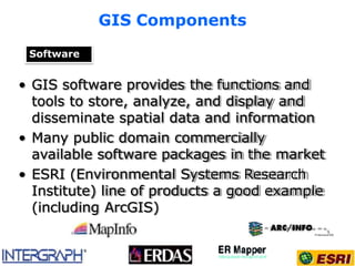 • GIS software provides the functions and
tools to store, analyze, and display and
disseminate spatial data and information
• Many public domain commercially
available software packages in the market
• ESRI (Environmental Systems Research
Institute) line of products a good example
(including ArcGIS)
GIS Components
Software
 