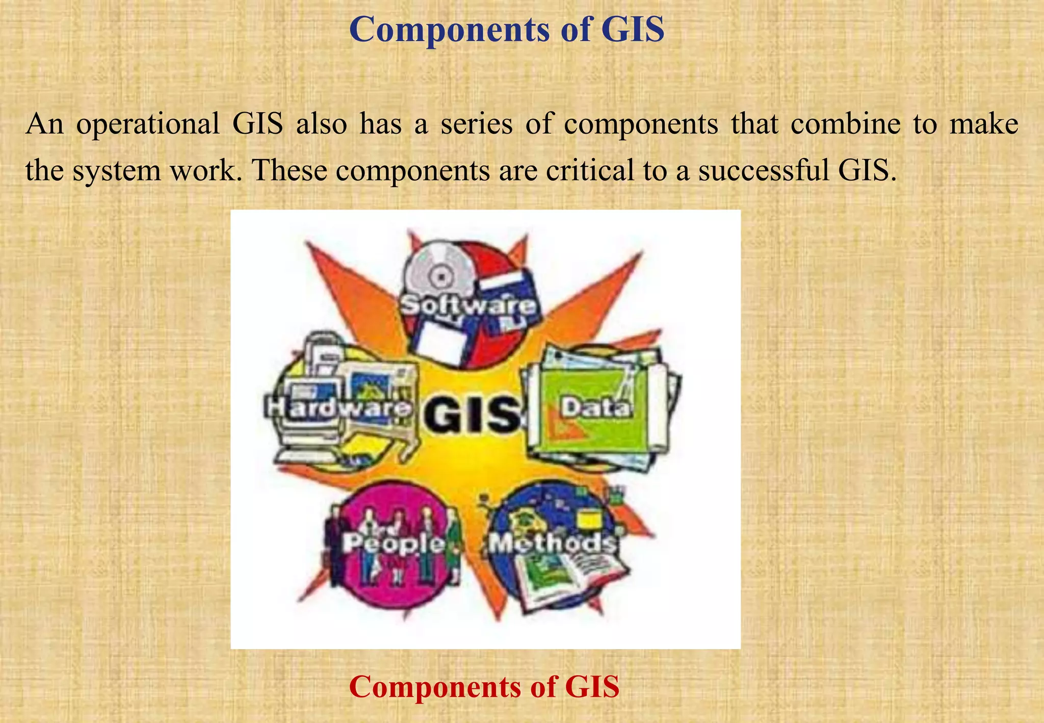 Components of GIS
An operational GIS also has a series of components that combine to make
the system work. These components are critical to a successful GIS.
Components of GIS
 