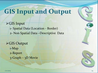 GIS Input and Output
GIS Input
1- Spatial Data (Location - Border)
2- Non Spatial Data –Descriptive Data
GIS Output
1-Map
2-Report
3-Graph – 3D Movie
1/11/2015 24
 