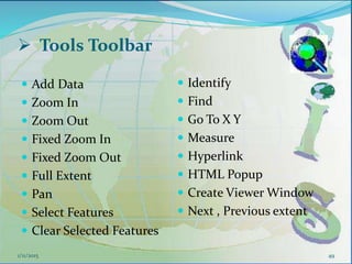  Tools Toolbar
 Add Data
 Zoom In
 Zoom Out
 Fixed Zoom In
 Fixed Zoom Out
 Full Extent
 Pan
 Select Features
 Clear Selected Features
49
 Identify
 Find
 Go To X Y
 Measure
 Hyperlink
 HTML Popup
 Create Viewer Window
 Next , Previous extent
1/11/2015
 