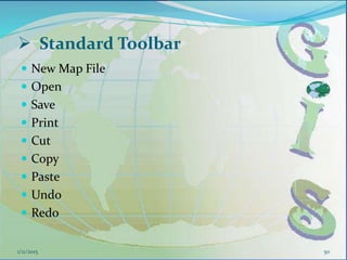  Standard Toolbar
 New Map File
 Open
 Save
 Print
 Cut
 Copy
 Paste
 Undo
 Redo
1/11/2015 50
 