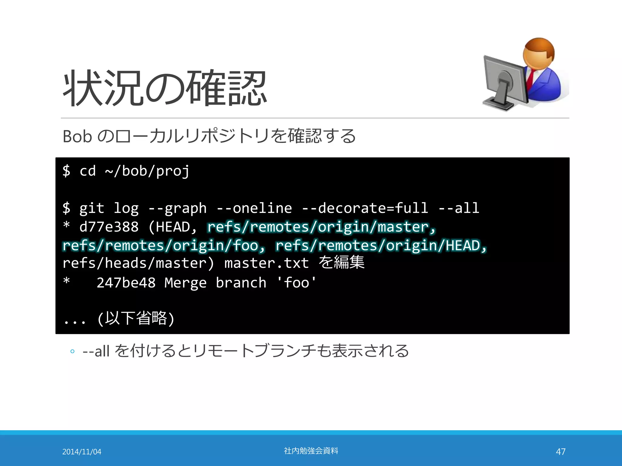 状況の確認 
Bob のローカルリポジトリを確認する 
$ cd ~/bob/proj 
$ git log --graph --oneline --decorate=full --all 
* d77e388 (HEAD, refs/remotes/origin/master, 
refs/remotes/origin/foo, refs/remotes/origin/HEAD, 
refs/heads/master) master.txt を編集 
* 247be48 Merge branch 'foo' 
... (以下省略) 
◦ --all を付けるとリモートブランチも表示される 
2014/11/04 社内勉強会資料47 
 