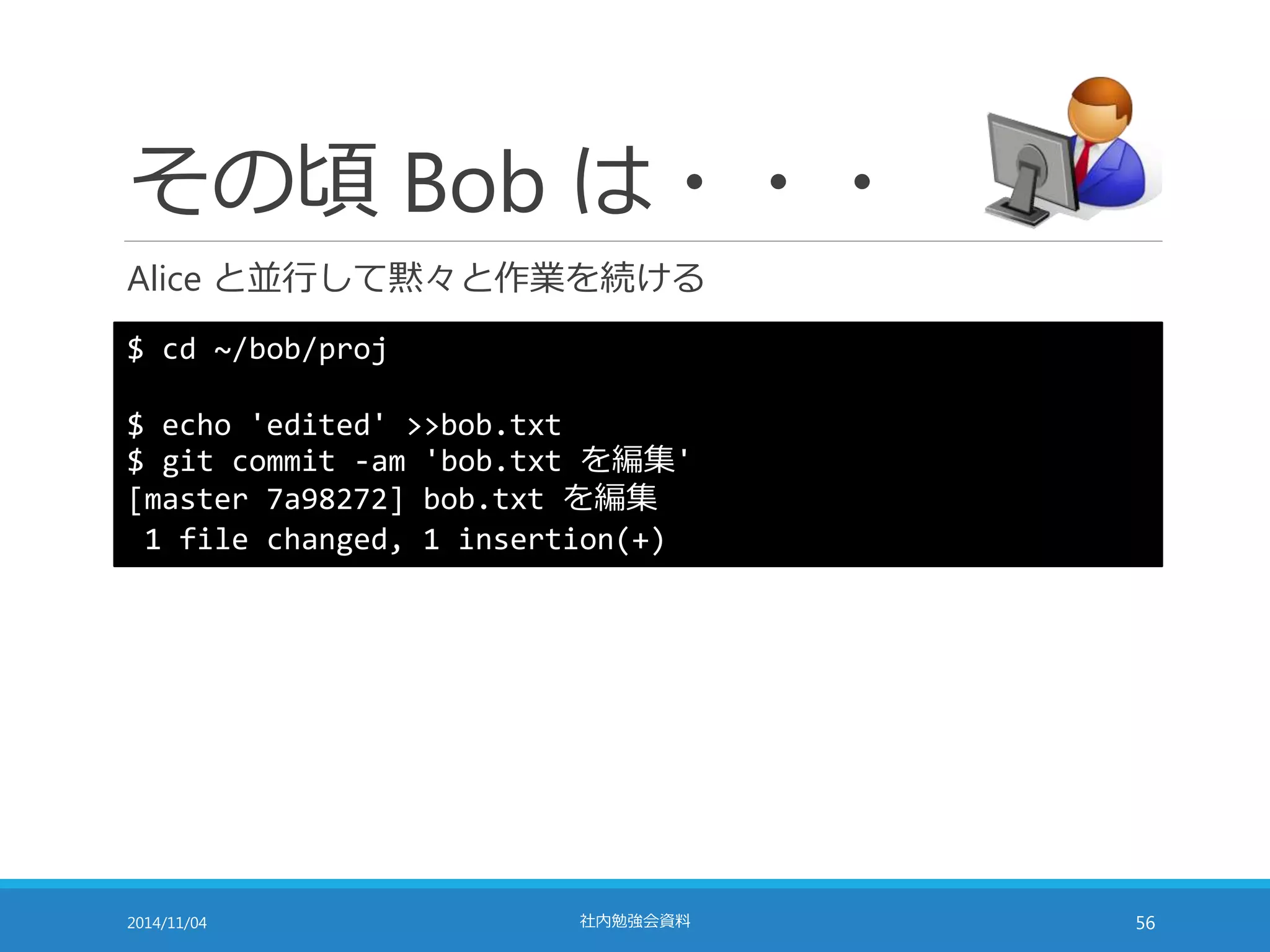 その頃Bob は・・・ 
Alice と並行して黙々と作業を続ける 
$ cd ~/bob/proj 
$ echo 'edited' >>bob.txt 
$ git commit -am 'bob.txt を編集' 
[master 7a98272] bob.txt を編集 
1 file changed, 1 insertion(+) 
2014/11/04 社内勉強会資料56 
 