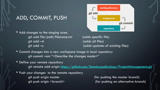 ADD, COMMIT, PUSH
• Add changes to the staging area
git add file/path/filename.txt (adds specific file)
git add –A (adds all files)
git add –u (adds updates of existing files)
• Commit changes into a new workspace image in local repository
git commit –am “<Describe the changes made>”
• Define your remote repository
git remote add origin https://github.com/SeedscapeEcology/ProjectManagement.git
• Push your changes to the remote repository
git push origin master (for pushing the master branch)
git push origin <branch> (for pushing an alternative branch)
 