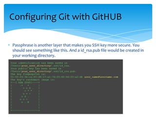 Passphrase is another layer that makes you SSH key more secure. You
should see something like this. And a id_rsa.pub file would be created in
your working directory.
Configuring Git with GitHUB
 
