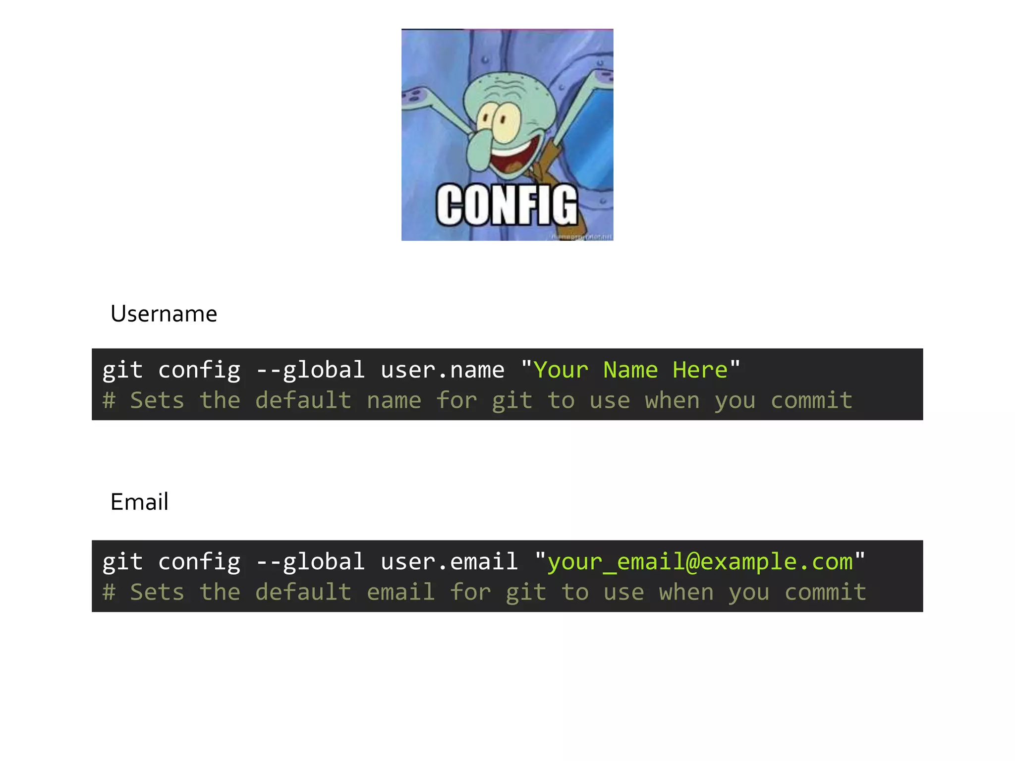 Username

git config --global user.name "Your Name Here"
# Sets the default name for git to use when you commit



Email

git config --global user.email "your_email@example.com"
# Sets the default email for git to use when you commit
 