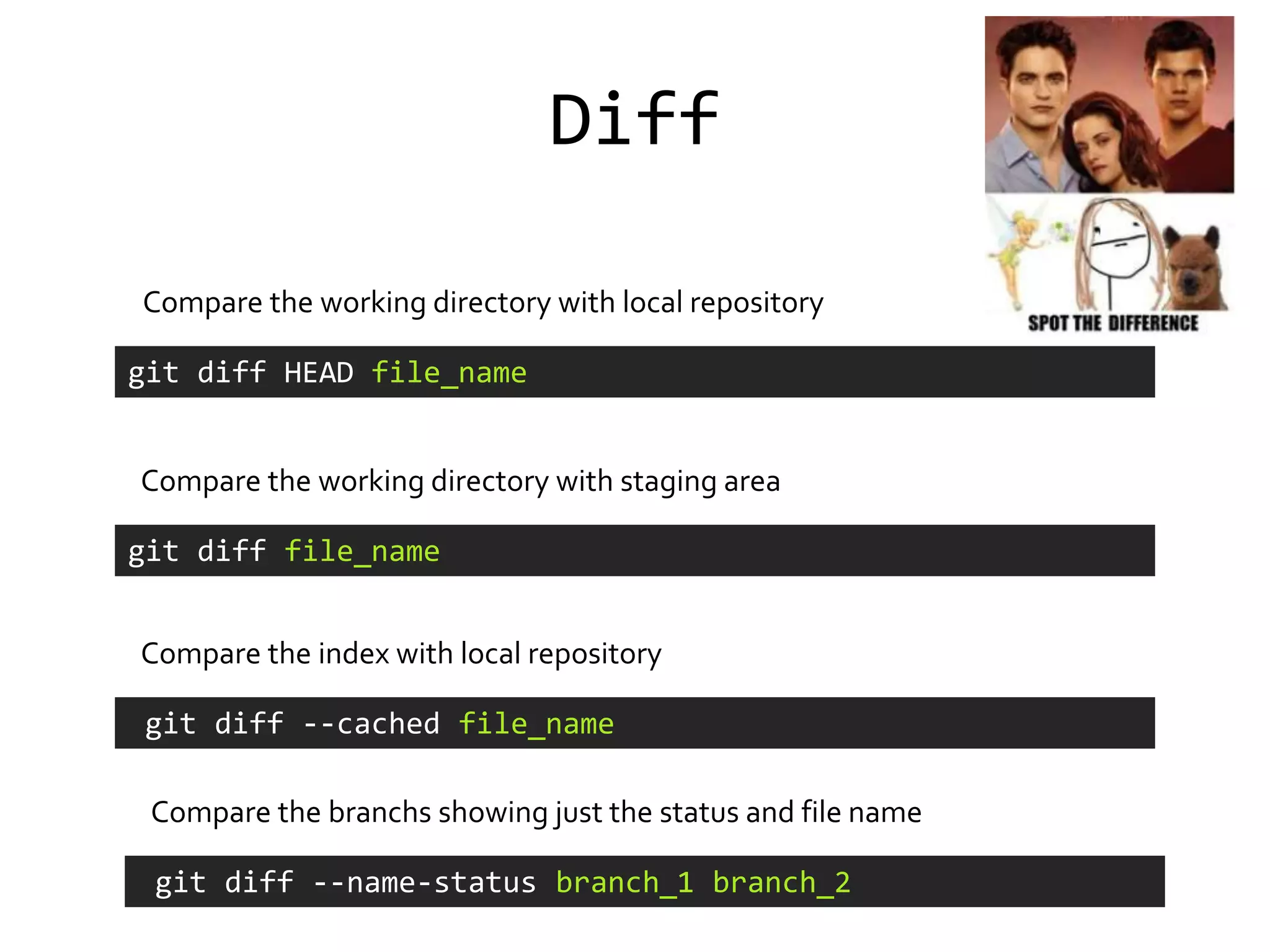 Diff

Compare the working directory with local repository

git diff HEAD file_name


Compare the working directory with staging area

git diff file_name


Compare the index with local repository

git diff --cached file_name

 Compare the branchs showing just the status and file name

 git diff --name-status branch_1 branch_2
 
