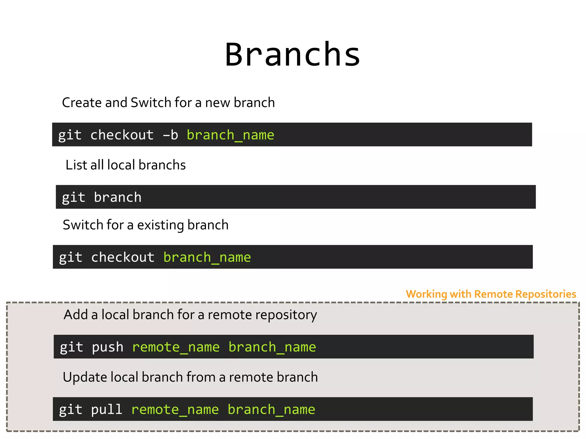 Branchs
Create and Switch for a new branch

git checkout –b branch_name

List all local branchs

git branch
Switch for a existing branch

git checkout branch_name

                                             Working with Remote Repositories
Add a local branch for a remote repository

git push remote_name branch_name

Update local branch from a remote branch

git pull remote_name branch_name
 