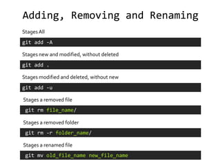Adding, Removing and Renaming
Stages All
git add -A

Stages new and modified, without deleted
git add .

Stages modified and deleted, without new
git add -u

Stages a removed file
 git rm file_name/

Stages a removed folder
 git rm -r folder_name/

Stages a renamed file
 git mv old_file_name new_file_name
 