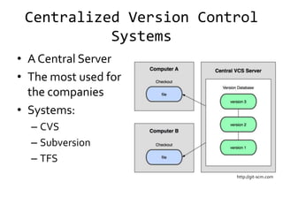 Centralized Version Control
           Systems
• A Central Server
• The most used for
  the companies
• Systems:
  – CVS
  – Subversion
  – TFS
                         http://git-scm.com
 