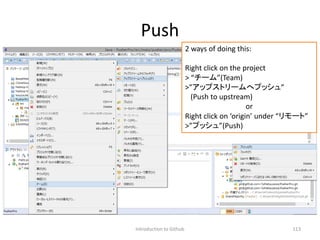 Push
Introduction to Github 113
2 ways of doing this:
Right click on the project
> “チーム”(Team)
>”アップストリームへプッシュ”
(Push to upstream)
or
Right click on ‘origin’ under “リモート”
>”プッシュ”(Push)
 