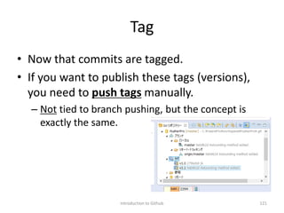 Tag
• Now that commits are tagged.
• If you want to publish these tags (versions),
you need to push tags manually.
– Not tied to branch pushing, but the concept is
exactly the same.
Introduction to Github 121
 
