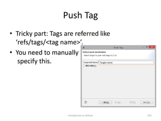 Push Tag
• Tricky part: Tags are referred like
‘refs/tags/<tag name>’.
• You need to manually
specify this.
Introduction to Github 124
Target name
 