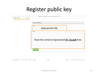 Register public key
Introduction to Github 28
Paste the content of generated id_rsa.pub here
Appropriate title
 