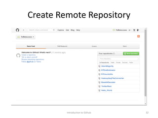 Create Remote Repository
Introduction to Github 32
 