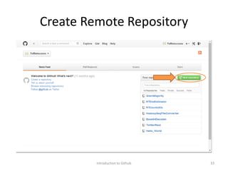 Create Remote Repository
Introduction to Github 33
 