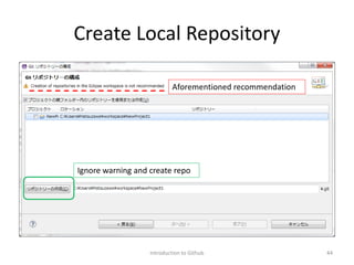 Create Local Repository
Introduction to Github 44
Aforementioned recommendation
Ignore warning and create repo
 
