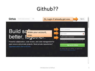 Github??
Introduction to Github 5
Make your account,
now.
Or, Login if already got one.
 