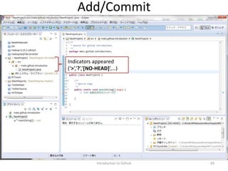 Introduction to Github 69
Add/Commit
Indicators appeared
(‘>’,’?’,’[NO-HEAD]’,…)
 