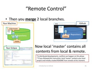 “Remote Control”
• Then you merge 2 local branches.
• Now local ‘master’ contains all
contents from local & remote.
Introduction to Github 81
Github
Your Eclipse
Remote RepositoryLocal Repository
Your Machine
Index
-File1
-File2
-…
Index
-…
-…
-…
c00
master
r00
master
r00
origin/master
m00
*In distributed developments, conflicts can happen on this phase.
**If you followed this instruction, local ‘master’ contains your local
project and initially created README from remote at this moment.
 