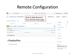 Remote Configuration
Introduction to Github 86
Back to Web Browsers.
Your Remote Repo page.
 