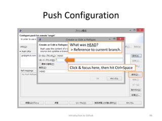 Push Configuration
Introduction to Github 96
What was HEAD?
> Reference to current branch.
Click & focus here, then hit Ctrl+Space
 