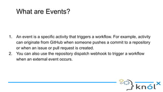 What are Events?
1. An event is a specific activity that triggers a workflow. For example, activity
can originate from GitHub when someone pushes a commit to a repository
or when an issue or pull request is created.
2. You can also use the repository dispatch webhook to trigger a workflow
when an external event occurs.
 