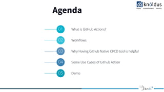 Agenda
01 What is GitHub Actions?
02 Workﬂows
03 Why Having Github Native CI/CD tool is helpful
04 Some Use Cases of Github Action
05 Demo
 