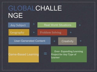 GLOBALCHALLE
NGE
Any Subject Real World Situations
Problem SolvingGeography
Game-Based Learning
CreativityUser-Generated Content
Ever- Expanding Learning
Project for Any Type of
Learner
+ +
+ +
+ +
=
 