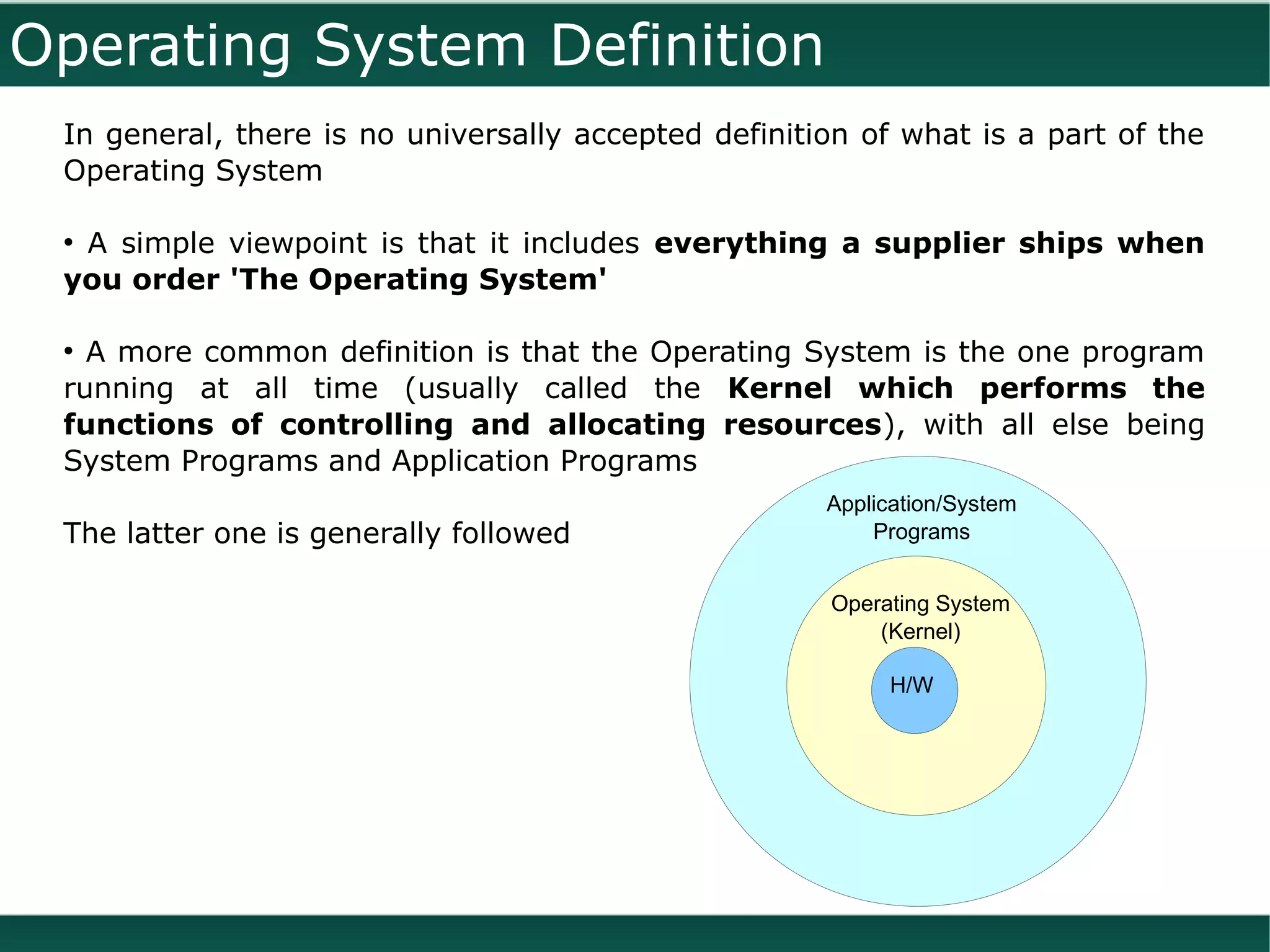 Operating System Definition
 In general, there is no universally accepted definition of what is a part of the
 Operating System

 ●
  A simple viewpoint is that it includes everything a supplier ships when
 you order 'The Operating System'

 ●
   A more common definition is that the Operating System is the one program
 running at all time (usually called the Kernel which performs the
 functions of controlling and allocating resources), with all else being
 System Programs and Application Programs
                                                      Application/System
 The latter one is generally followed                     Programs


                                                      Operating System
                                                          (Kernel)

                                                           H/W
 