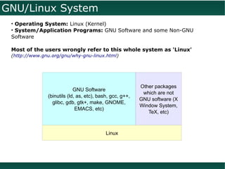 GNU/Linux System
 • Operating System: Linux (Kernel)
 • System/Application Programs: GNU Software and some Non-GNU
 Software

 Most of the users wrongly refer to this whole system as 'Linux'
 (http://www.gnu.org/gnu/why-gnu-linux.html)




                                                          Other packages
                            GNU Software
                                                           which are not
               (binutils (ld, as, etc), bash, gcc, g++,
                                                          GNU software (X
                 glibc, gdb, gtk+, make, GNOME,
                                                          Window System,
                             EMACS, etc)
                                                             TeX, etc)



                                           Linux
 