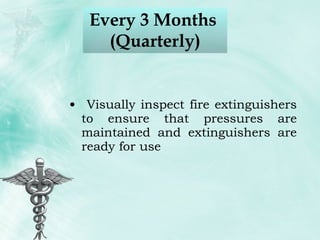 Every 3 Months  (Quarterly) Visually inspect fire extinguishers to ensure that pressures are maintained and extinguishers are ready for use 