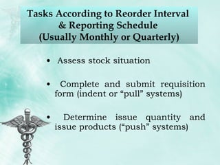 Tasks According to Reorder Interval  & Reporting Schedule  (Usually Monthly or Quarterly) Assess stock situation Complete and submit requisition form (indent or “pull” systems) Determine issue quantity and issue products (“push” systems)  