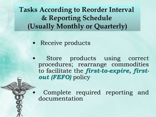 Tasks According to Reorder Interval  & Reporting Schedule  (Usually Monthly or Quarterly) Receive products Store products using correct procedures; rearrange commodities to facilitate the  first-to-expire, first-out (FEFO)  policy Complete required reporting and documentation 