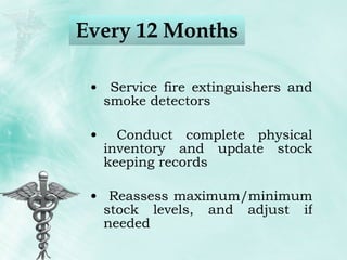 Every 12 Months Service fire extinguishers and smoke detectors Conduct complete physical inventory and update stock keeping records Reassess maximum/minimum stock levels, and adjust if needed 
