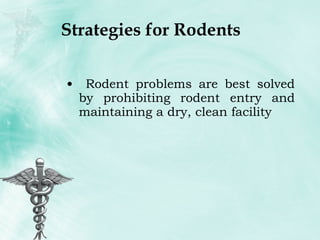 Strategies for Rodents Rodent problems are best solved by prohibiting rodent entry and maintaining a dry, clean facility 